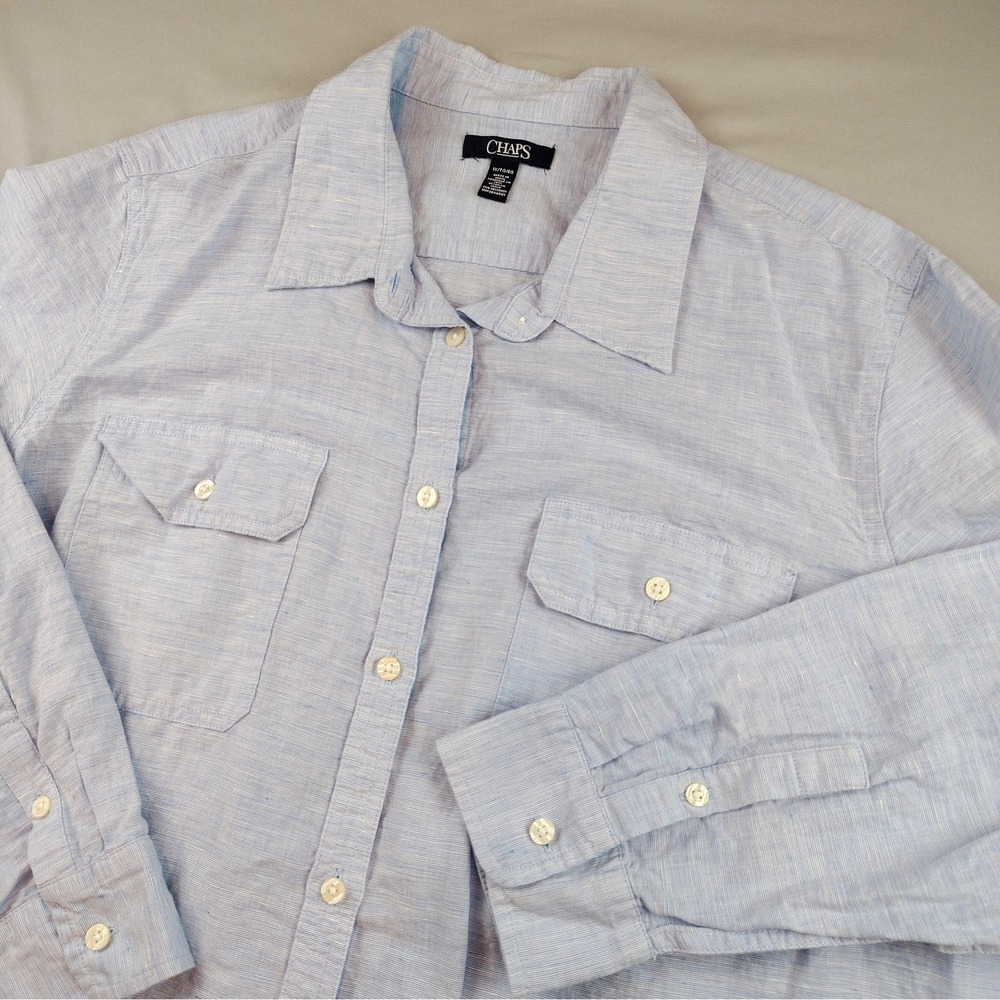 Chaps Womens 1X/XL Linen Cotton Button Down Shirt Light Blue Long Sleeve - Picture 3 of 16